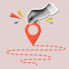 illustration of hand placing map pin on route